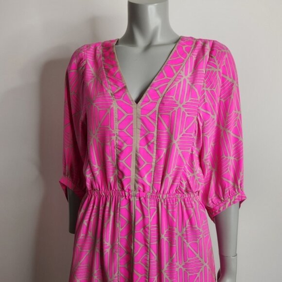 Alice Trixie Hot Pink With Gold Geo Print Silk V Neck Tunic Mini Dress Size S - Picture 3 of 12